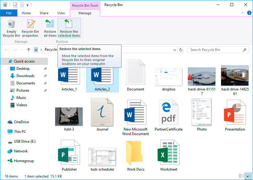 Recuperación de archivos de la Papelera de reciclaje Windows 7 usando el menú de la ventana