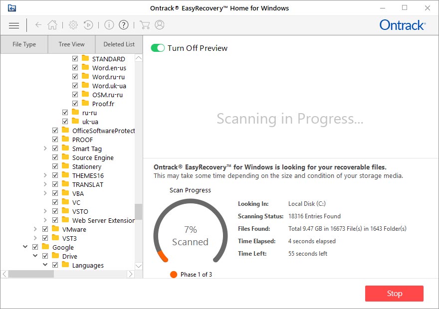 Ontrack EasyRecovery - scanning process