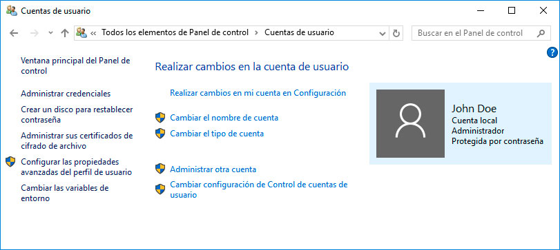 Windows Panel de control / Cuentas de usuario en ordenador portátil Meebox