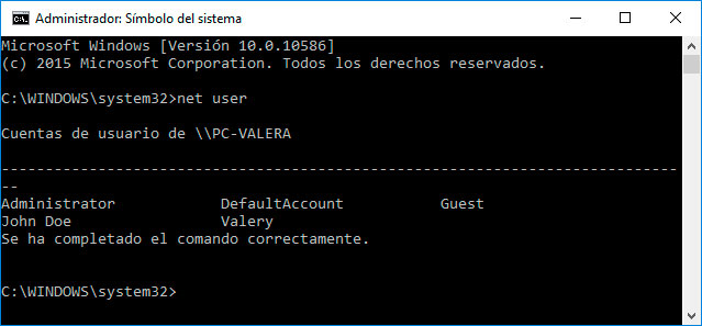 Línea de comando en ordenador portátil Dell: net user
