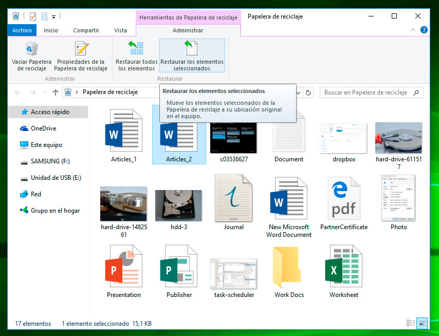 Menú para recuperar de datos de la Papelera de reciclaje de Windows 10 en ordenador portátil Microsoft