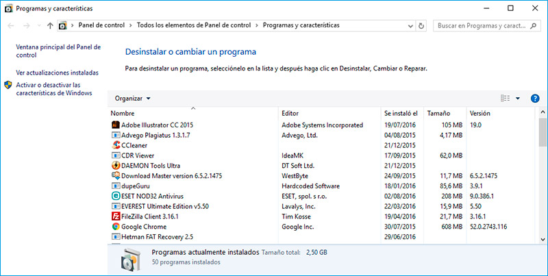 Reparar o quitar programas en Windows Server 2012