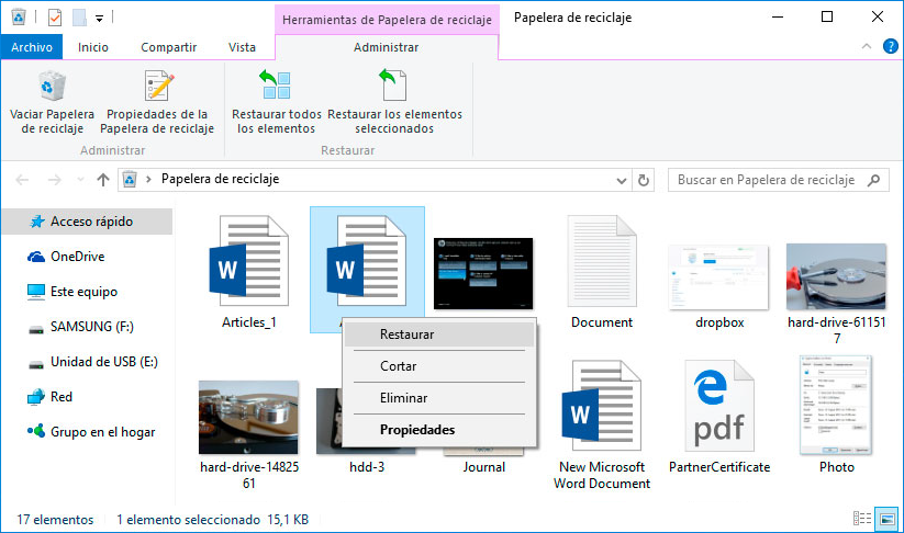 Recuperación de archivos de la Papelera de reciclaje Windows Server 2019 usando el menú contextual