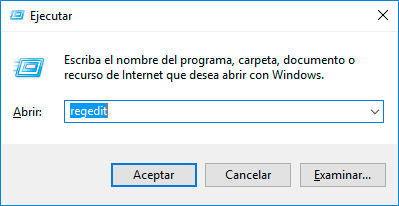 El cuadro de diálogo Ejecutar en Windows 10: regedit